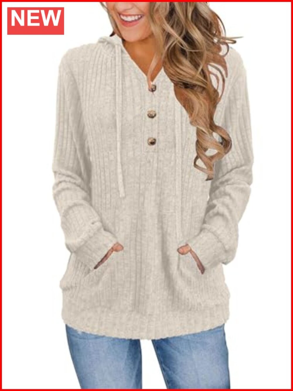 Soft Ribbed Stretch Henley Neck Hoodie Pullover Kangaroo Pocket Fall Winter